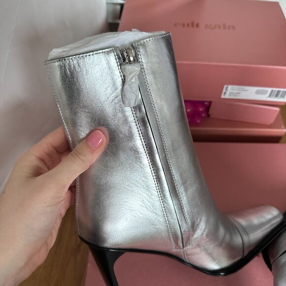 NWT Cult Gaia Dita Heeled Boots Sz 7 in Shiny Silver Metallic Leather Square Toe - Picture 8 of 10